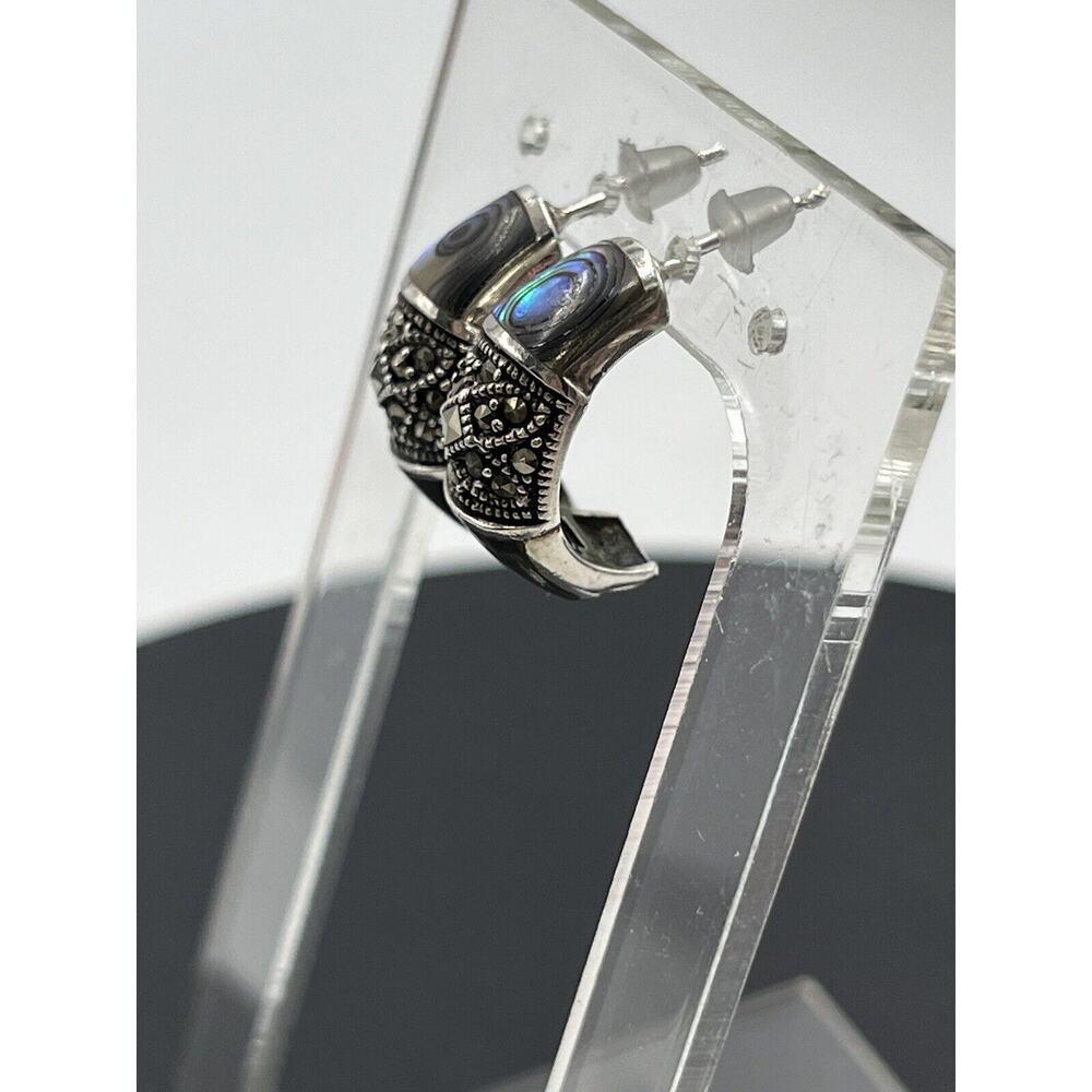 FAS DESIGNER Abalone &‎ Marcasite 925 J-Hoop Post Pierced Earrings 5.30g